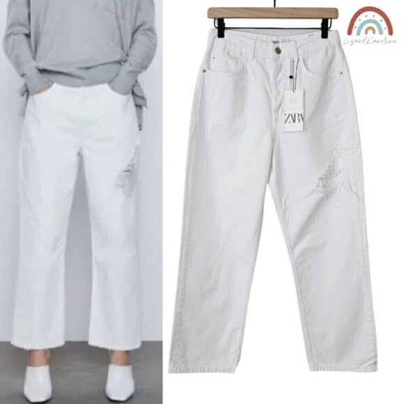 New! Zara High Rise Straight Leg Distressed Button Fly Rigid White Jeans - Picture 1 of 14